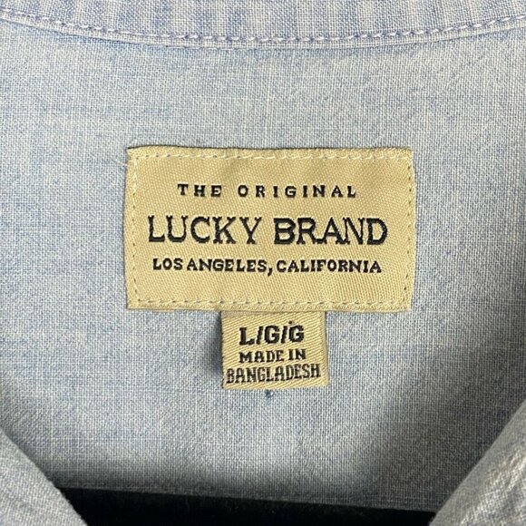 Lucky Brand Boy's Blue Chambray Shirt Button Up Light Wash Spellout Boys Large - Picture 5 of 9
